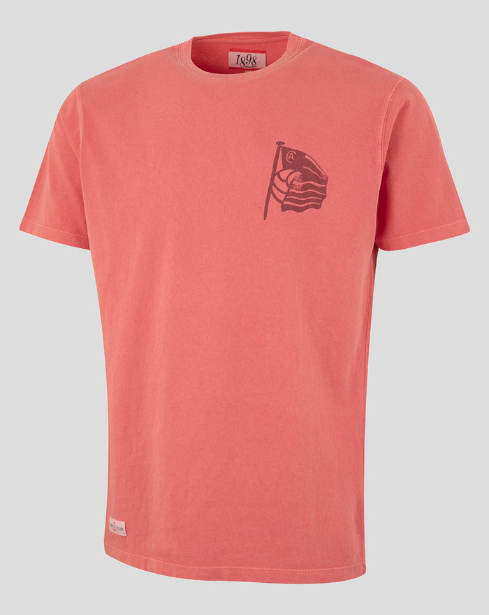 Front view of coral Men's AC Collection Tee with a small dark left chest logo