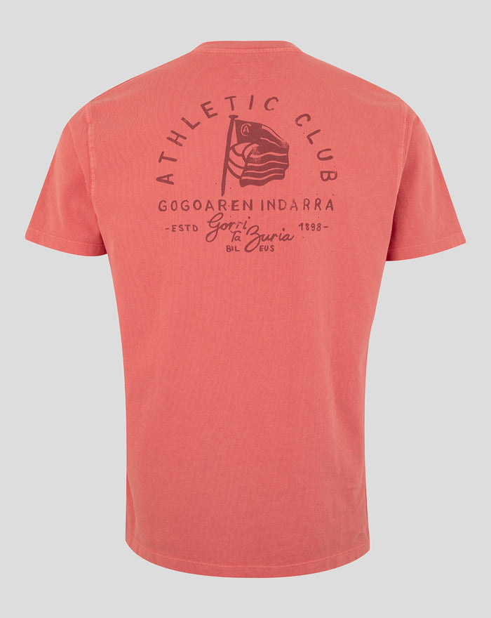 Back view of coral pink AC Collection tee featuring a large circular graphic with a flag on the upper back