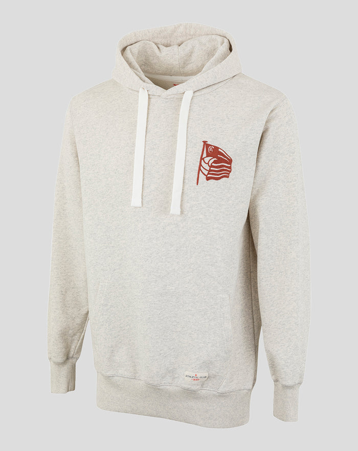 Men's AC Collection Hoody in heather white with white drawstrings and a red flag emblem on the chest