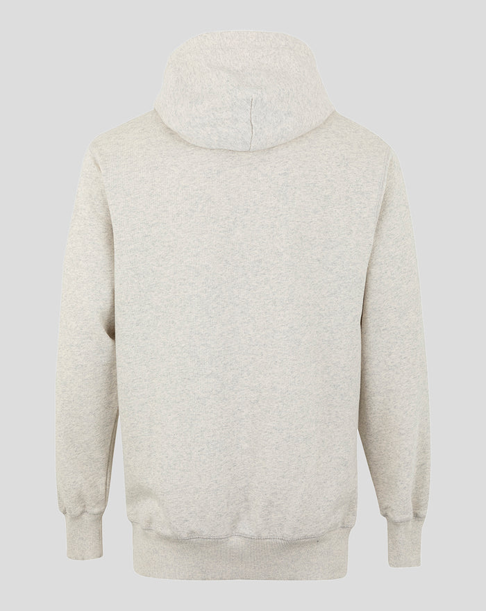 Back view of a heathered cream hoodie with a roomy hood and ribbed cuffs and hem