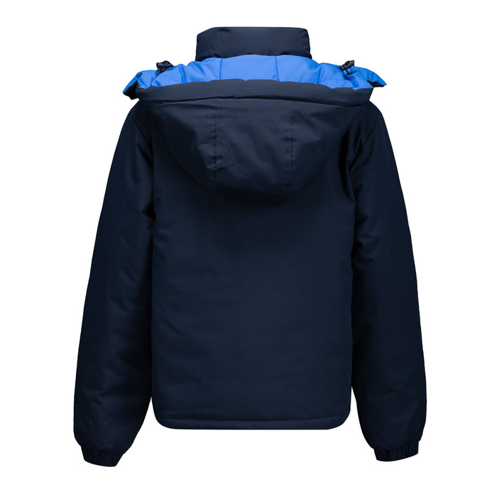 Chaqueta azul marino con forro interior azul visible desde la espalda