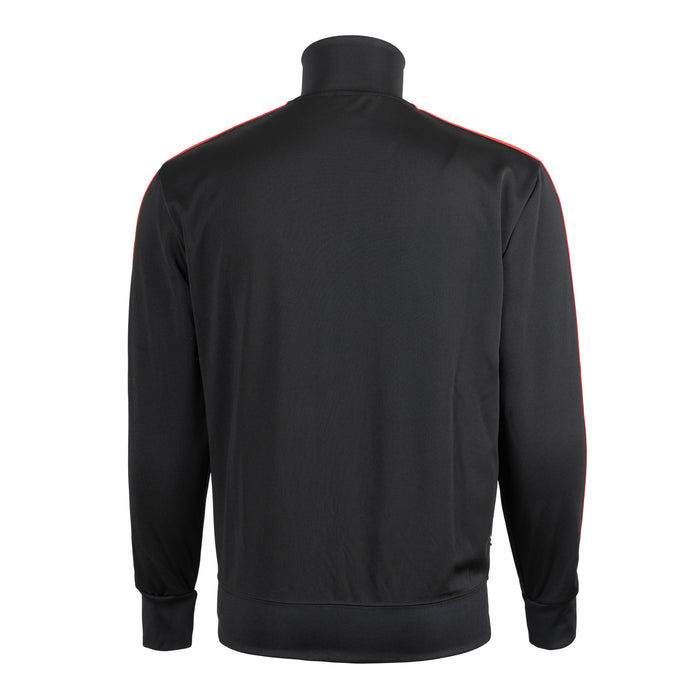Back view of Black Poly Jacket HRB Unique with red shoulder stripe and a white seam stripe down the sleeves.
