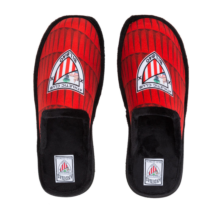 Pair of red AC slippers with black trim and Athletic Club Bilbao crest on top