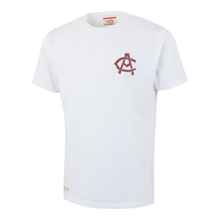 White AC Collection T shirt with small burgundy emblem on the left chest.