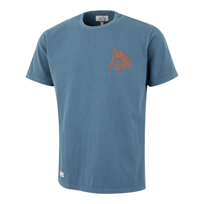 Front view of blue T shirt with a small orange flag graphic on the left chest
