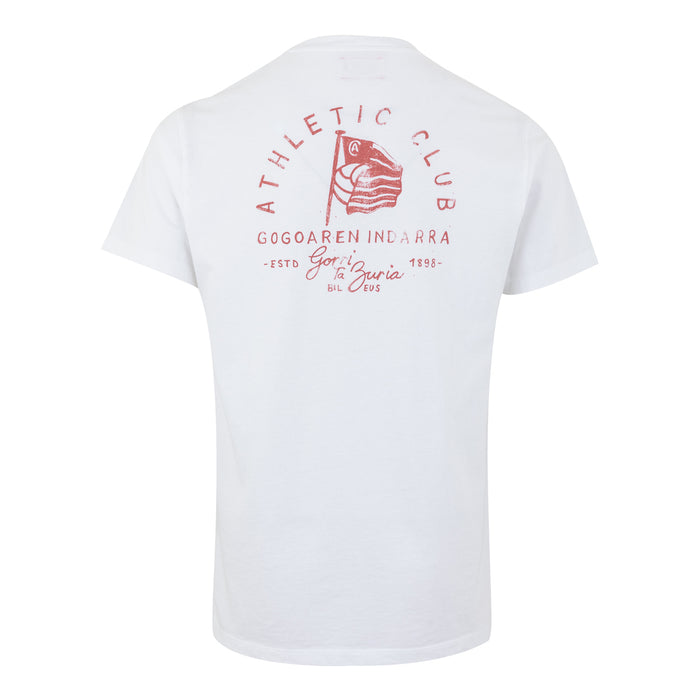 Back view of white Men's AC Collection Logo Tee with a red circular emblem and flag graphic on the upper back