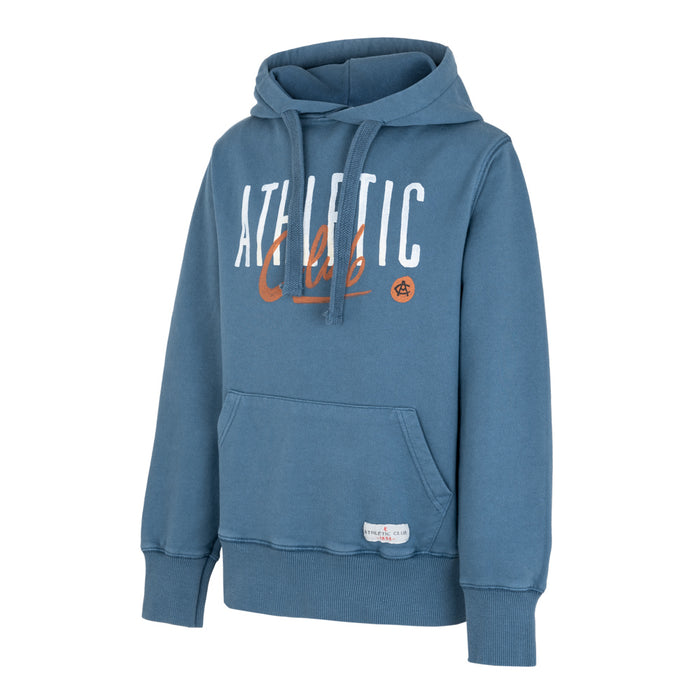 Front view of blue Junior AC Collection Hoody with white ATHLETIC text and orange script, kangaroo pocket