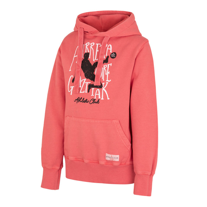 Front view of coral red Junior AC Collection Hoody with a large white graphic and a kangaroo pocket.