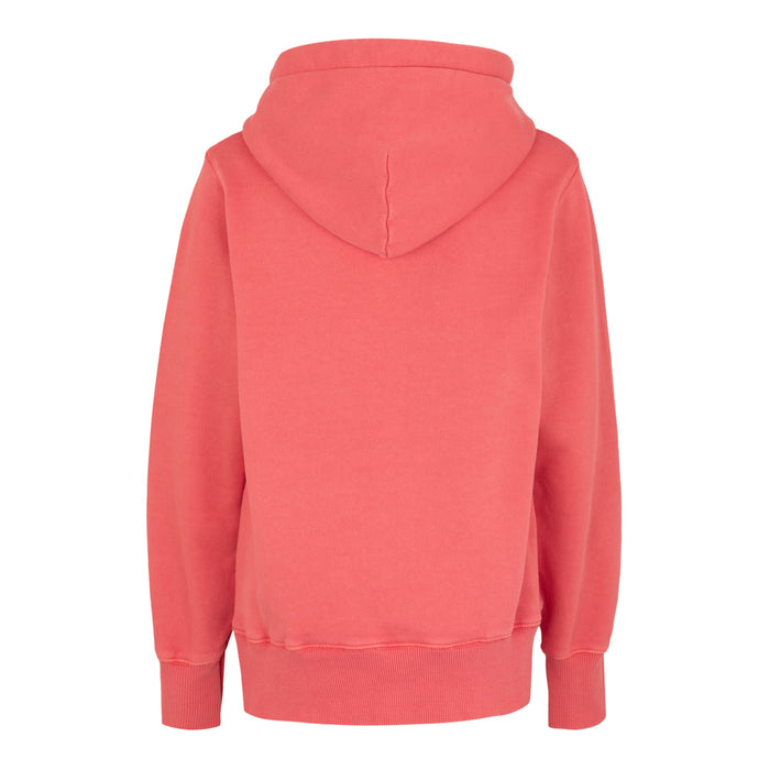 Back view of coral red Junior AC Collection Hoody with hood and ribbed hem.