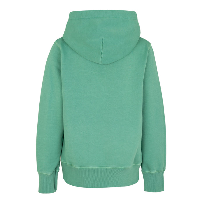 Back view of green Junior AC Collection Hoody with hood up