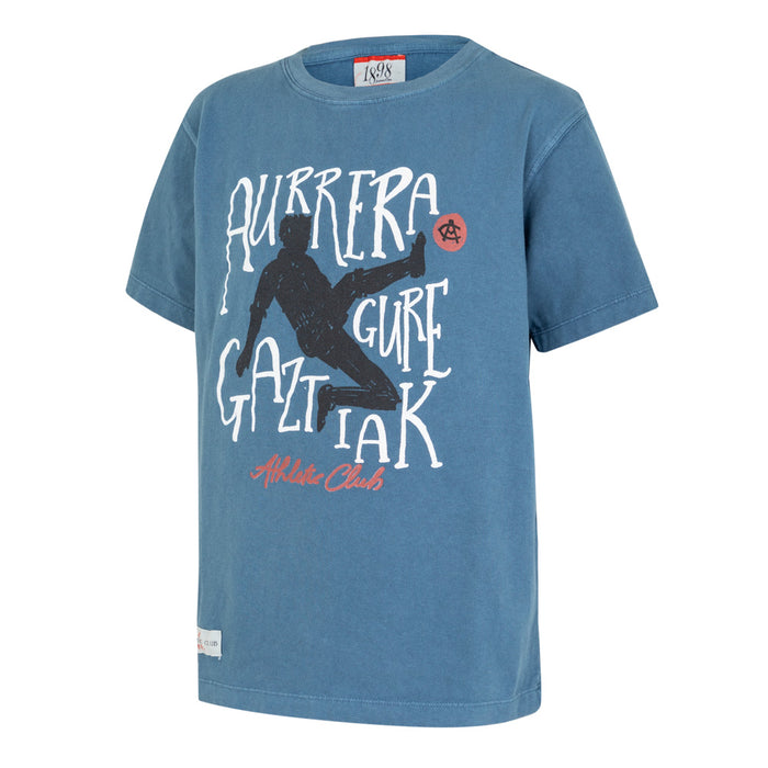 Front view of blue Junior AC Collection Tee featuring a bold graphic of a skater and red Athlete Club script