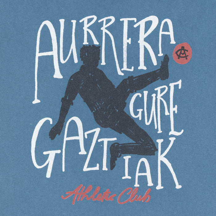 Close-up of the blue graphic tee showing a dark skater silhouette with white lettering and a red circular icon