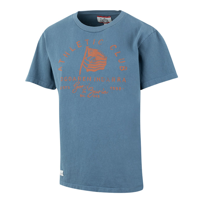 Front view of a blue women's AC Collection Tee with an orange graphic.