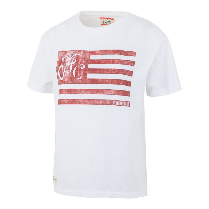 White women's AC Collection Tee with a distressed red flag graphic across the front