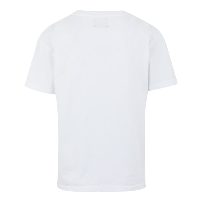 Back view of white AC Collection Tee with a small pink label at the neckline