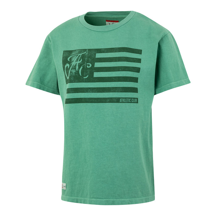 Front view of green AC Collection Tee featuring bold dark stripes and AC logo