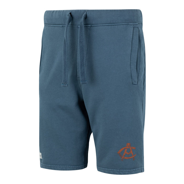 Blue shorts with a drawstring waist and side pockets, orange emblem on the lower right leg.