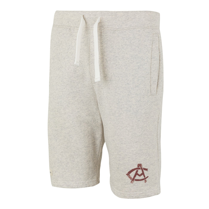 Front view of light gray heathered shorts with white drawstring and logo on the lower leg.