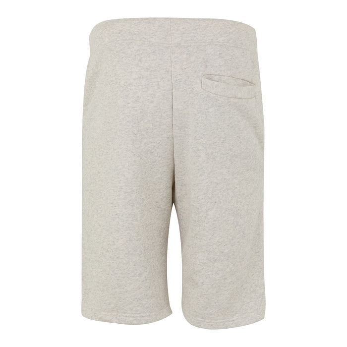 Back view of light gray heather shorts with a single back pocket.