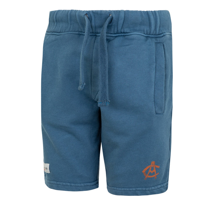 Front view of blue drawstring shorts with pockets and an orange logo on the leg