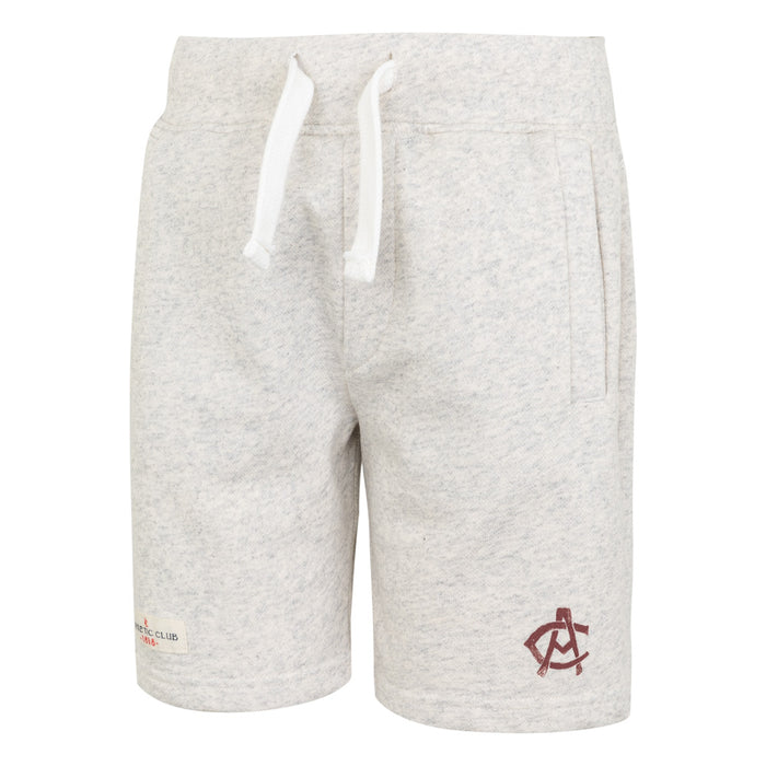 Front view of heather gray Junior AC Collection shorts with white drawstrings and left leg logo