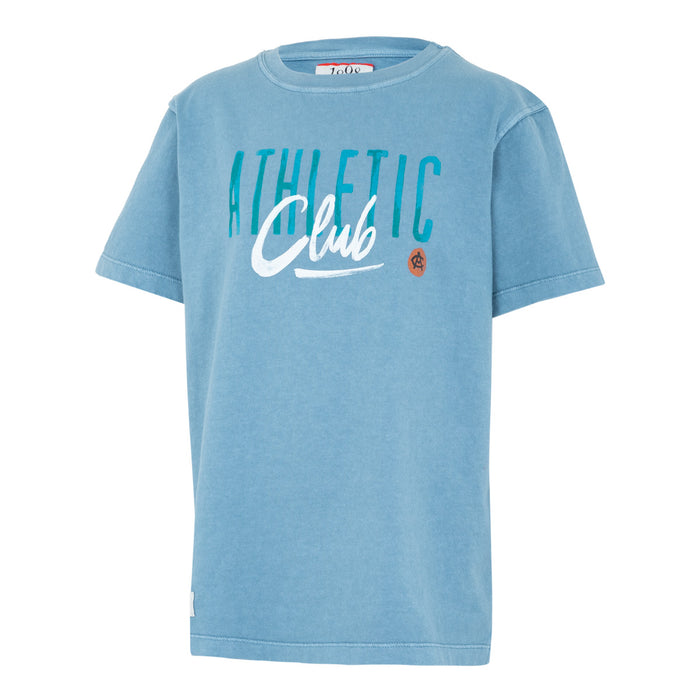 Front view of blue Junior AC Collection printed tee with ATHLETIC Club graphic and small orange emblem.