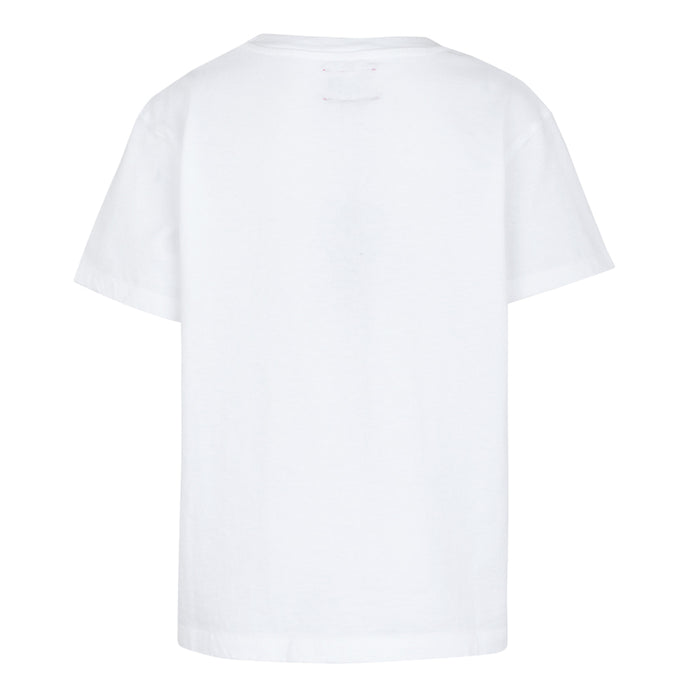 Back view of white Junior AC Collection Tee with subtle distressed neckline detail