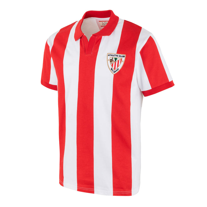 Camiseta polo retro Europa hombre con rayas verticales rojas y blancas y escudo del club a la izquierda