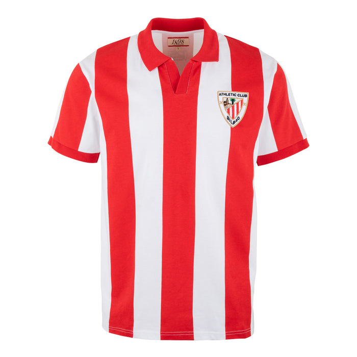Red and white vertical striped polo shirt with crest on the left chest