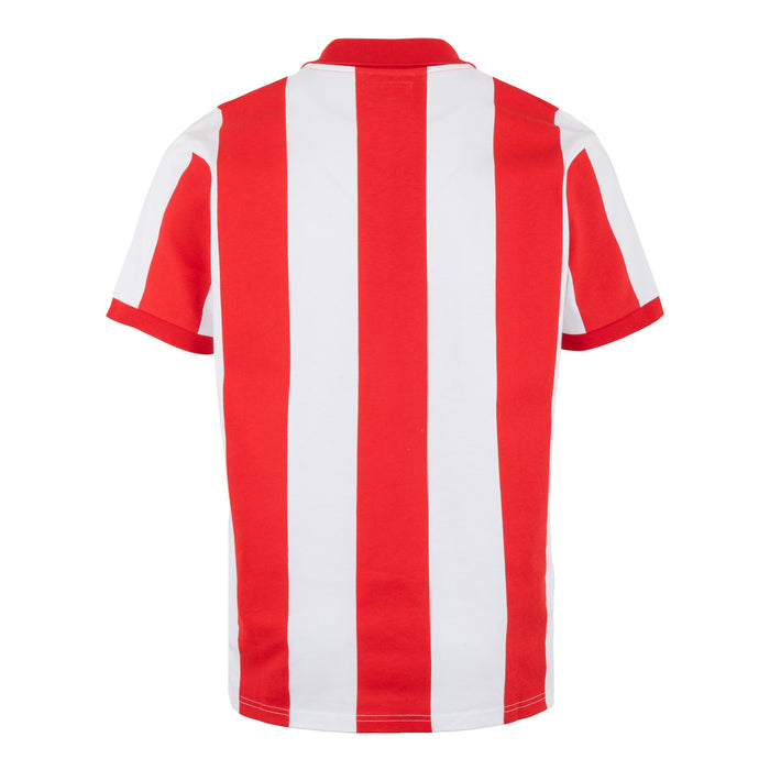 Camiseta polo retro Europa hombre vista trasera con rayas rojas y blancas y cuello rojo