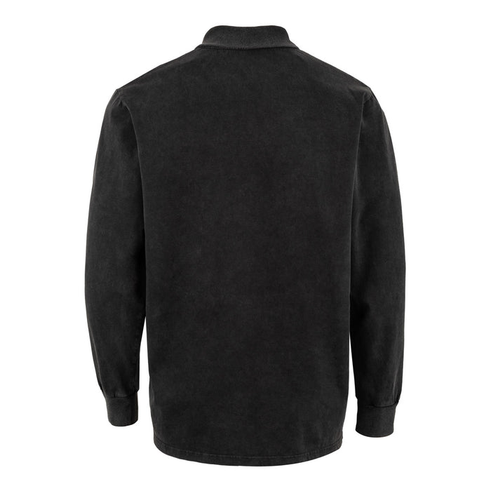 Back view of a black long-sleeve shirt with a ribbed collar and cuffs