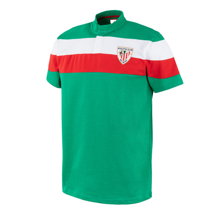 Camiseta retro Manchester junior verde con franjas blancas y rojas y escudo bordado en el pecho