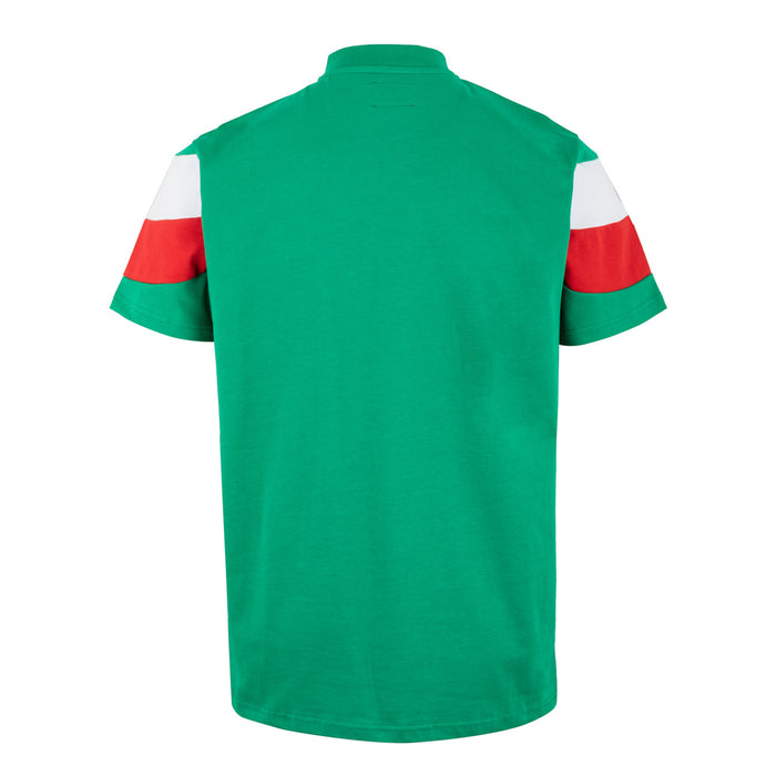 Back view of a green T shirt with white and red sleeve stripes