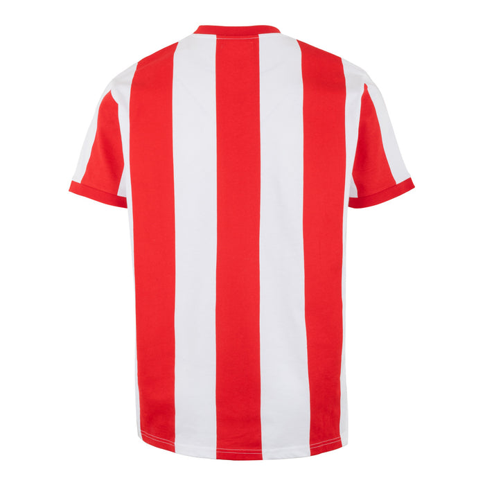 Back view of a retro red and white striped Txapelduna junior jersey