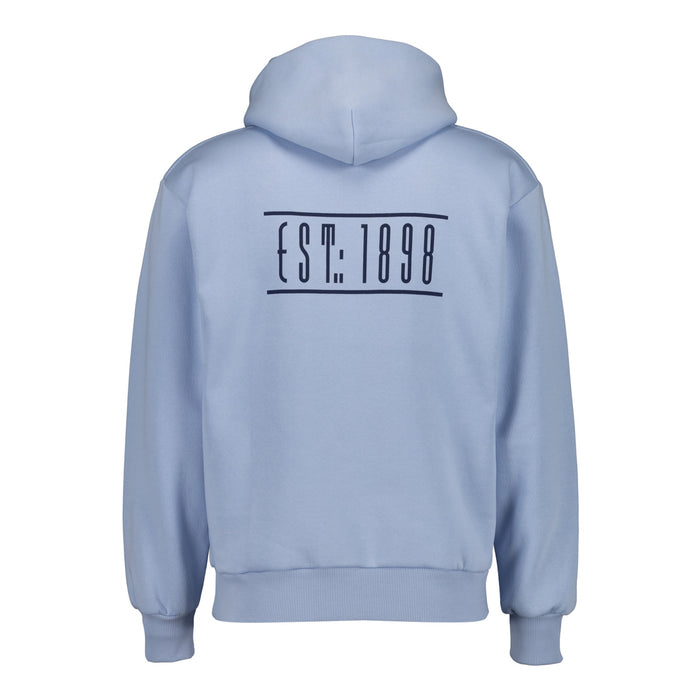 Sudadera con capucha azul claro vista de espalda con EST. 1898