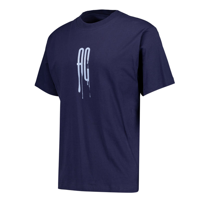 Navy blue T shirt featuring a pale blue painted AC logo on the chest