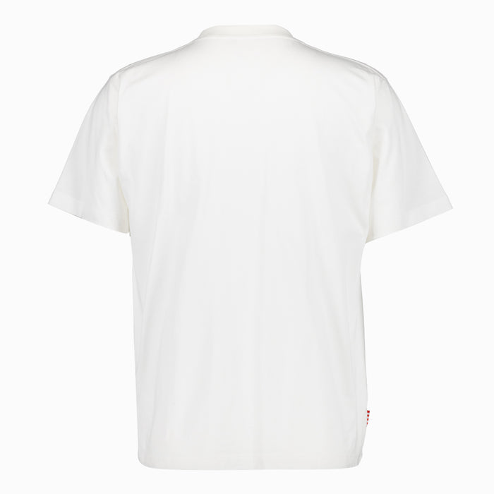 Back view of white CAM M/C AC PAINT short sleeve T-shirt with a red tag at the hem