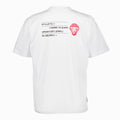 Back view of a white short sleeve t shirt with graphic text lines and a red lion emblem at the upper back