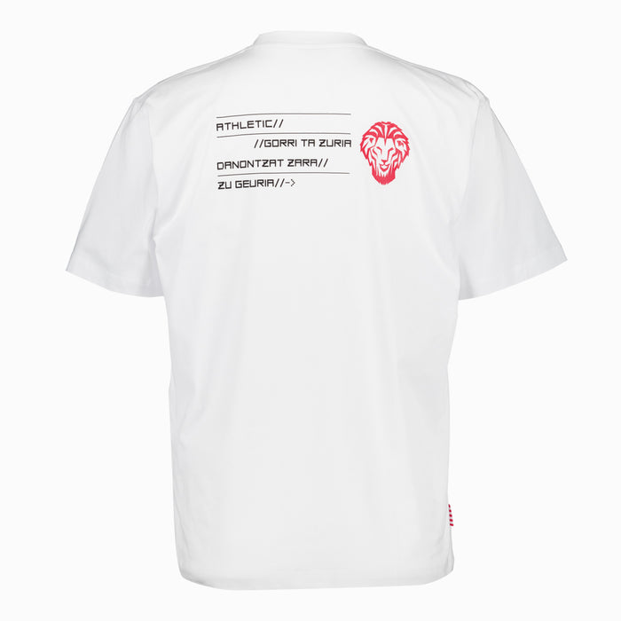 Back view of a white short sleeve t shirt with graphic text lines and a red lion emblem at the upper back