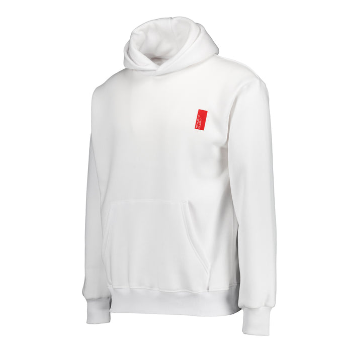 White hooded sweatshirt with front pouch pocket and a small red logo on the chest