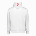 Back view of white hoodie with a red lion emblem on the hood
