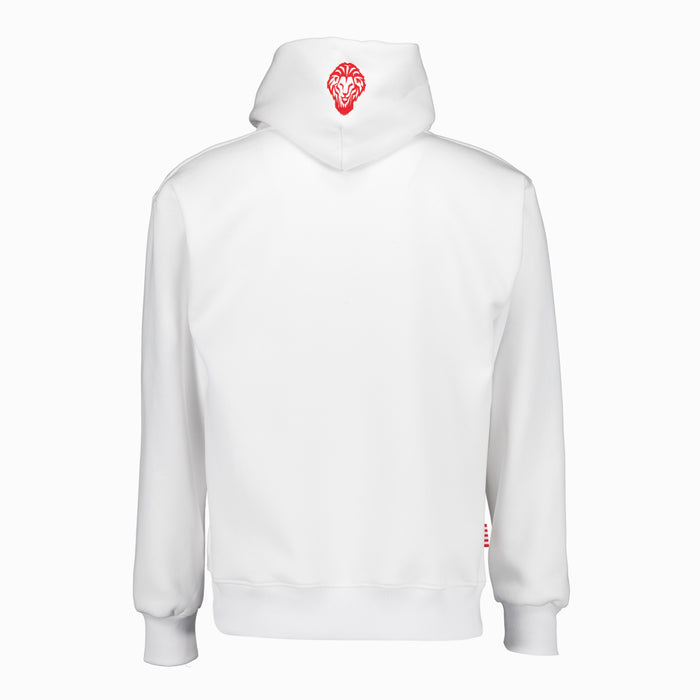 Back view of white hoodie with a red lion emblem on the hood