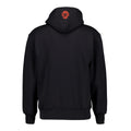Sudadera con capucha negra vista de espaldas con emblema rojo de león en la capucha