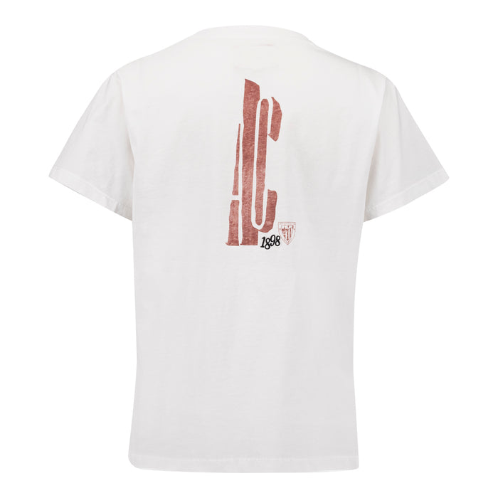 White junior cotton T shirt back view with a large pink vertical graphic and small crest 1898.