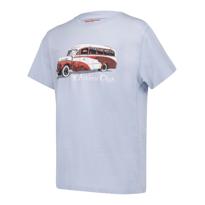 Camiseta infantil de algodón celeste con diseño de autobús antiguo Athletic Club impreso en el pecho.