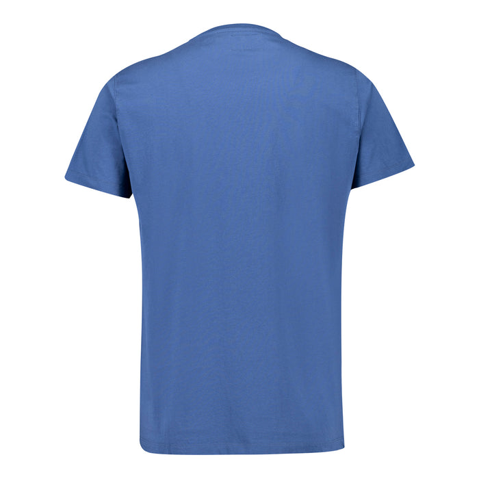 Back view of blue crew neck T shirt with plain solid color.