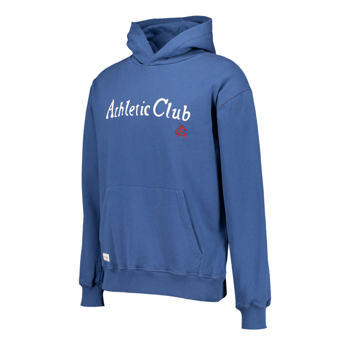 Sudadera azul con capucha de Athletic Club con texto blanco en el pecho y pequeño emblema rojo