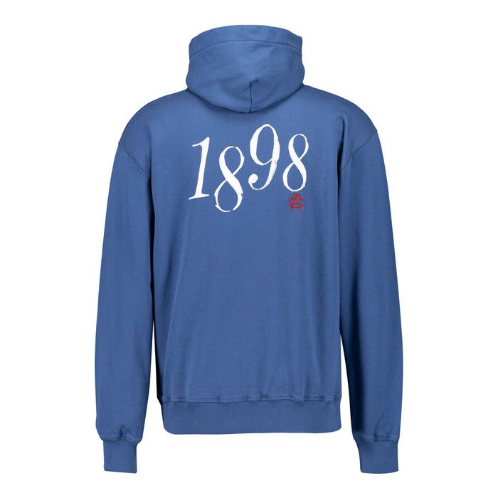 Espalda de sudadera azul con gran 1898 blanco y pequeño emblema rojo del Athletic Club