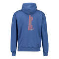 Back view of blue Athletic Club hoodie with a vertical pink AC graphic on the back
