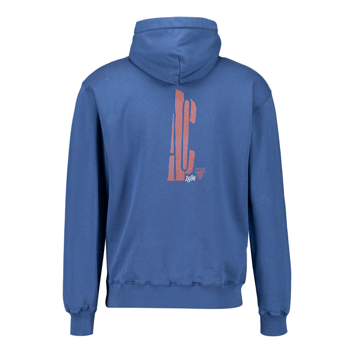 Back view of blue Athletic Club hoodie with a vertical pink AC graphic on the back